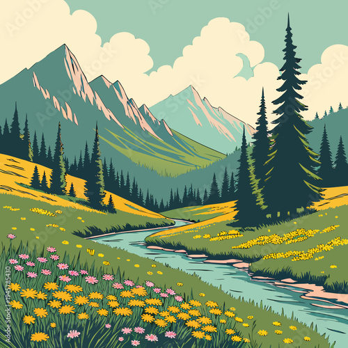 Alpine landscape with stream and flowers with offers a sense of natural beauty