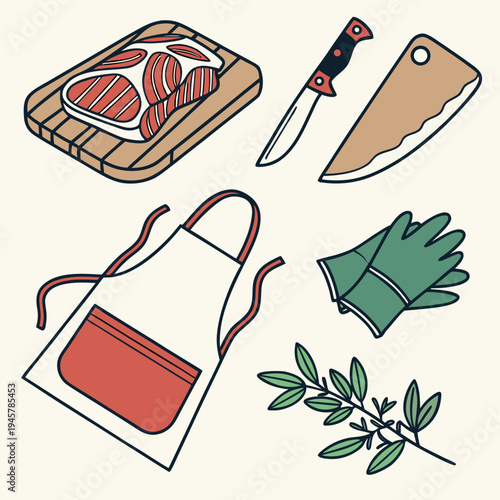 Kitchen butchery tools & ingredients: meat, knives, apron, herbs illustration
