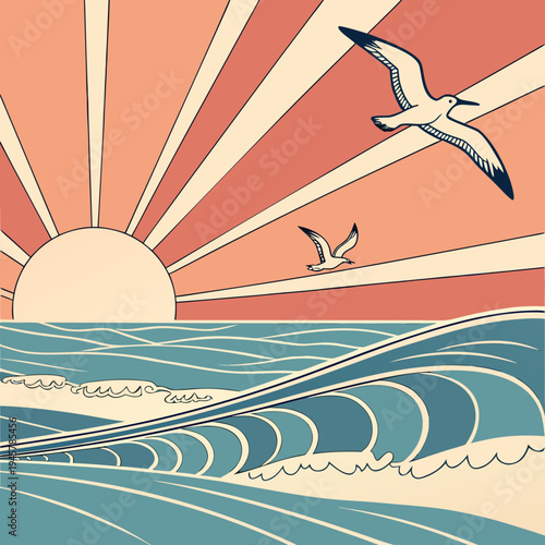 Retro ocean sunrise illustration with seagulls and rolling waves