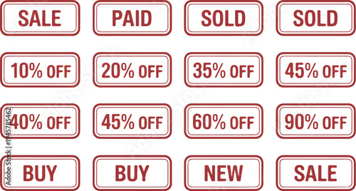 Red sale discount and status rubber stamp set with percentage off paid sold and new labels for retail marketing