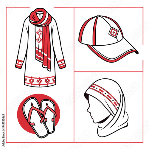 Traditional modest wear & accessories: tunic, scarf, hijab, cap & flip-flops