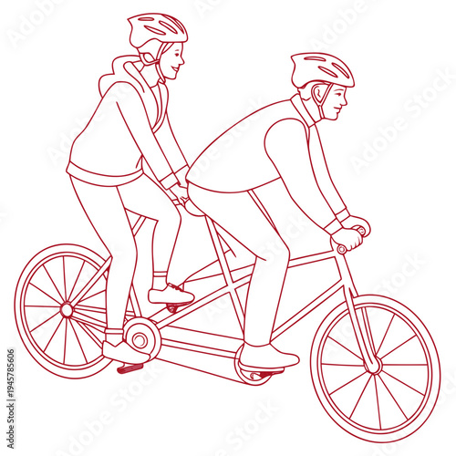 Couple riding tandem bicycle outline illustration