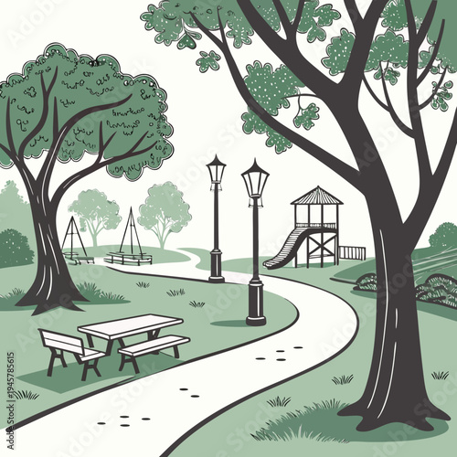 Public city park sketch with playground and picnic table