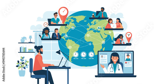 A man sits at a desk with a laptop, engaging in a video call with a female doctor, while a global network of diverse people in video frames surrounds a large globe, emphasizing worldwide connectivity.