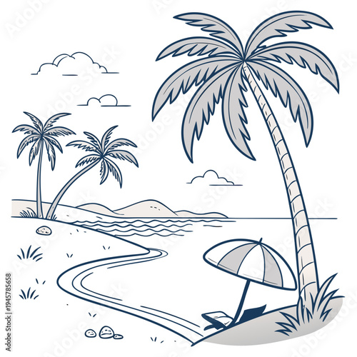 Monochrome tropical beach landscape with palm trees sketch