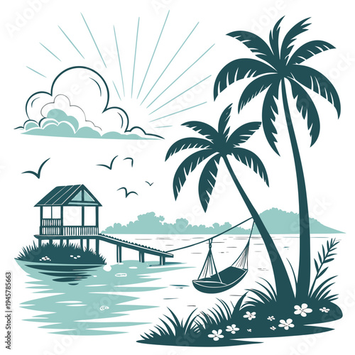 Tropical lagoon scene with water hut and palm trees
