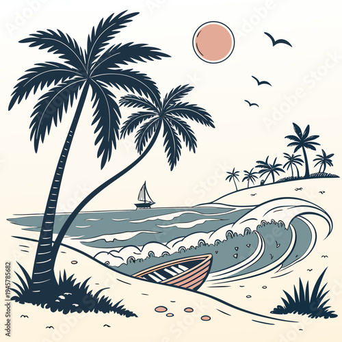 Tropical beach landscape with large wave and rowboat