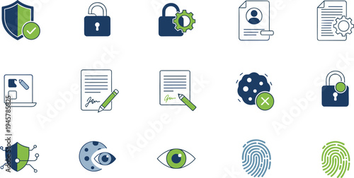 Digital security and data protection icon set with shield protection, lock security, document signature, privacy eye monitoring and biometric fingerprint authentication vector
