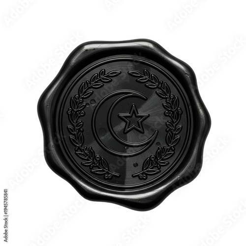 Black wax seal with crescent moon star and laurel leaves