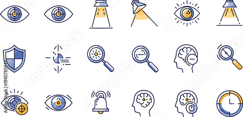 Cyber security and vision technology line icon set with eye scanning, shield protection, magnifier search, brain analysis and surveillance symbols in modern vector style