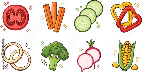 Fresh Vegetable Slices Cartoon Vector Set with Tomato Carrot Cucumber Pepper Onion Broccoli Radish and Corn Healthy Food Illustration