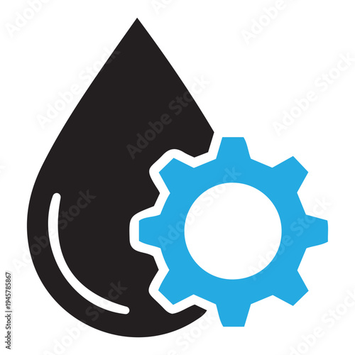 Large oil drop symbol next to blue gear icon, representing industrial processes, liquid processing, or mechanics