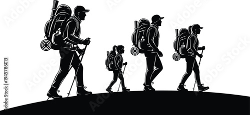 Hiking family silhouette illustration, outdoor adventure artwork, mountain trail design, trekking group drawing, nature exploration sketch, fitness activity, flavector