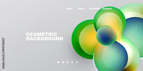 Abstract design features overlapping colorful circles, gradients, text elements. Minimalist aesthetic with dark background, light gray center.