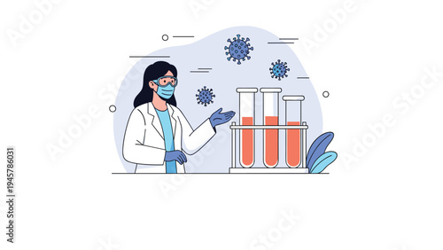 female scientist in a laboratory wearing a mask and goggles while examining test tubes with virus icons around.
