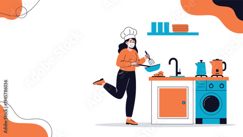 professional female chef wearing a white hat and a face mask while cooking food in a modern and bright kitchen.