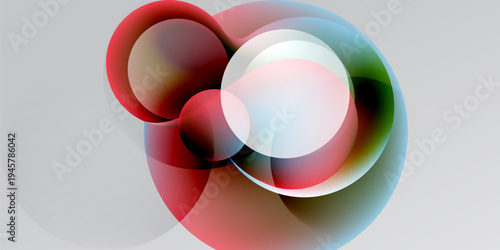 Abstract colorful circles overlap, creating dynamic visual effect. Soft gradients blend red, blue, green hues. Minimalist design.