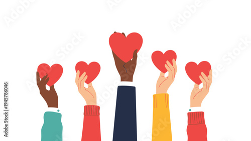 diverse group of people raising their hands up while holding red heart shapes as symbols of love and support.