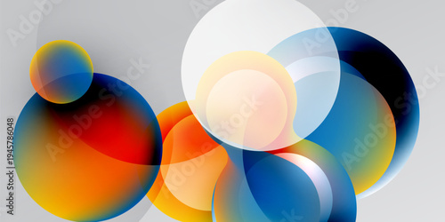 Abstract circles overlap, creating vibrant color blends. Gradient hues shift from warm to cool tones. Minimalist design, modern aesthetic.