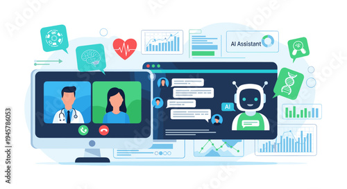 A computer monitor displays a video call with a doctor and patient next to an AI Assistant chatbot interface.