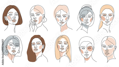 set of ten minimalist line art portraits of women with abstract colorful patches on their elegant faces and hair.