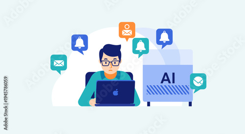 A cartoon man in glasses works on a laptop with notification bubbles while an AI block processes alerts on a light blue and white background.