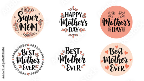 collection of six mother day greeting badges with floral decorations and heart icons in soft pink and black tones.