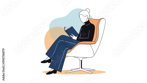 elegant lady sitting in a comfortable white armchair while being deeply focused on reading a book in her hands.