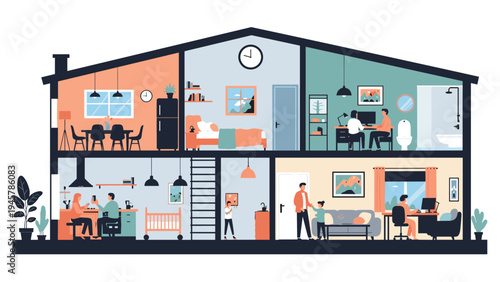 architectural cross section of a modern house showing people living in different rooms like the kitchen and bedroom.