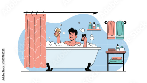 Relaxed man sitting in a bubble filled clawfoot bathtub while scrubbing himself with a sponge and looking at his smartphone.