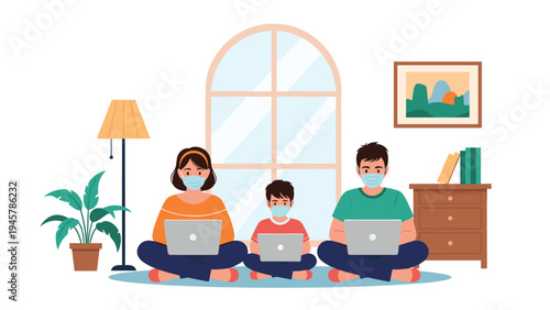 Family consisting of a mother, father, and son sitting on the floor wearing face masks and using laptops to work and study from home.
