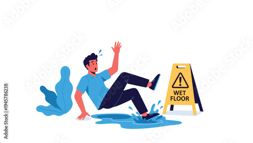 Cautionary illustration of a man accidentally slipping on a puddle of water next to a yellow wet floor warning sign in a public area.