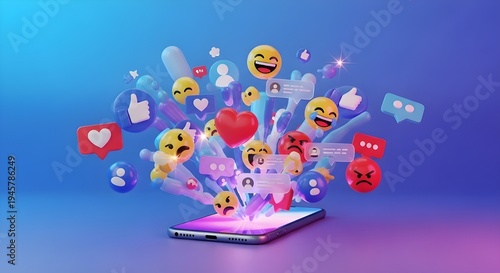 3D floating social media reaction icons bursting outward from a smartphone, colorful dynamic composition, glossy modern UI elements, vibrant lighting, isolated on gradient background