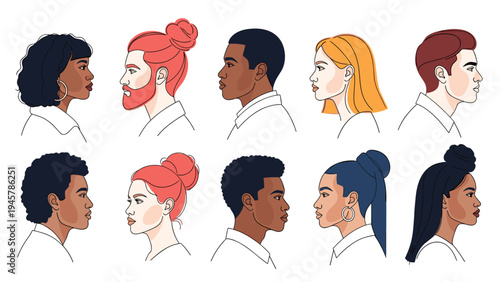 Set of profile illustrations showing a diverse group of men and women with different skin tones, hair colors, and modern fashion styles.