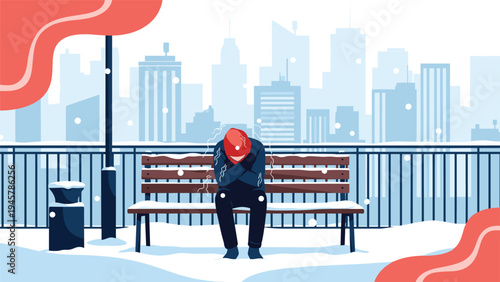 Melancholy scene of a person sitting alone on a park bench during a snowfall with a cold city skyline visible in the background.