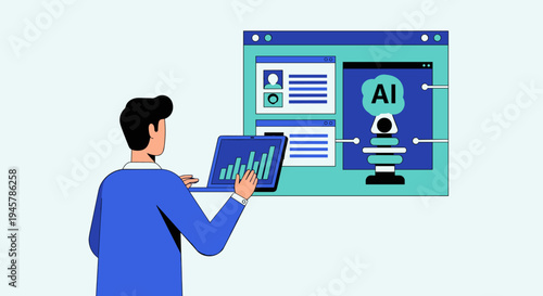 A man in a blue shirt holds a laptop with a bar chart, viewing a large screen displaying a profile, text, and an AI robot head.