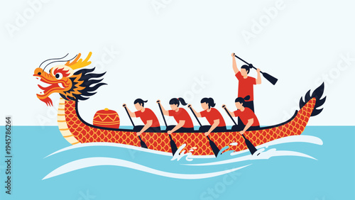 Traditional dragon boat racing event featuring a team of rowers paddling in unison across the water with a drummer leading the pace.