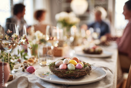 Happy family having Easter dinner together, table setting with traditional food, colorful eggs and spring flowers for Easter celebration	
