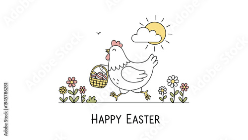 Cute illustration of a white hen running through a field of flowers while carrying a basket of colorful decorated eggs for Easter.