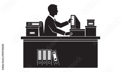 Silhouette of a businessman next to a laptop showing cloud upload, representing data transfer or cloud computing