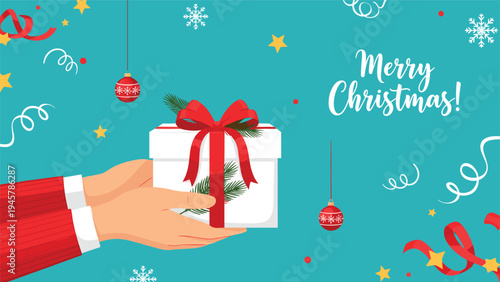 Close up of a person's hands wearing a red sweater and offering a beautifully wrapped white gift box with a red bow and pine needle.