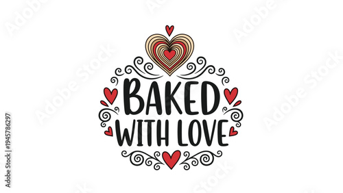 Heartfelt decorative typography featuring the phrase Baked with love surrounded by elegant swirls and multiple red heart icons.
