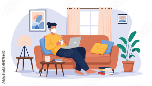 Young woman wearing a protective face mask while working remotely on a laptop and enjoying coffee on a comfortable living room sofa at home.
