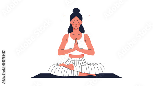 Young woman sitting in a lotus yoga pose with closed eyes meditating for mental clarity and physical wellness on a mat in a white space.