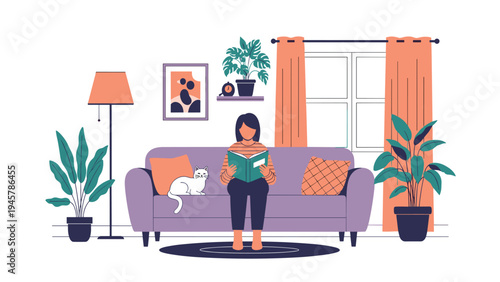 Cozy living room scene where a young woman is sitting on a sofa reading a book with her white cat nearby in a peaceful and quiet home.