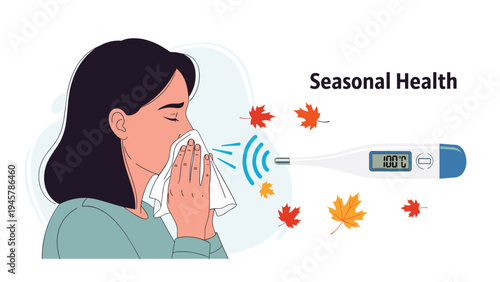Woman sneezing into a tissue with falling autumn leaves and a digital thermometer displaying a high fever for seasonal health concepts.