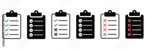 Productivity and workflow icon set, including checklist, clipboard, document, pencil, pen, check and cross marks, magnifying glass, search, data charts, graphs, cogwheels, settings, thumbs up, like, 