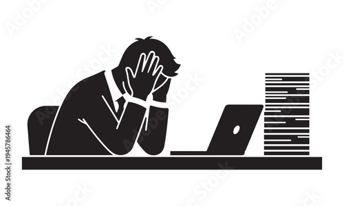Silhouette of a stressed businessman with hands on face, next to a laptop and large stack of papers, symbolizing workload or burnout