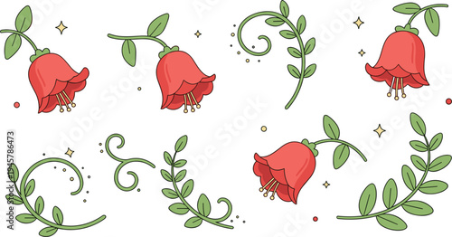 Red Bell Flower and Leaf Botanical Vector Set with Blooming Floral Elements, Decorative Garden Plants, and Nature Illustration Collection