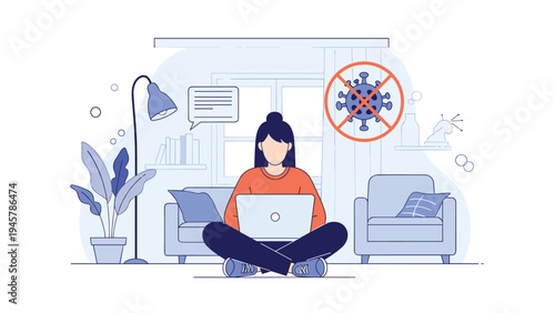 Young woman working from home on her laptop while sitting on the floor with a no virus safety symbol in the background for health.